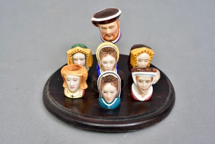 Staffordshire England Henry VIII And His Wives Thimble Set With Stand