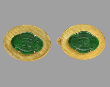 14k Yellow Gold and Carved Jade Cuff Links