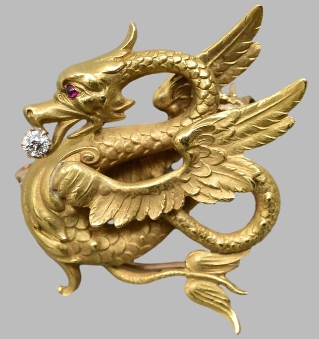 14k Yellow Gold Griffin Brooch With Diamond And Ruby Eye: Weight: 8.9 grams