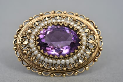 14k Yellow Gold, Amethyst and Seed Pearl Brooch/Pendant