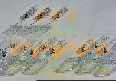 Set of 12 Turquoise and Gilt Hi-Ball Glasses Circa 1960's