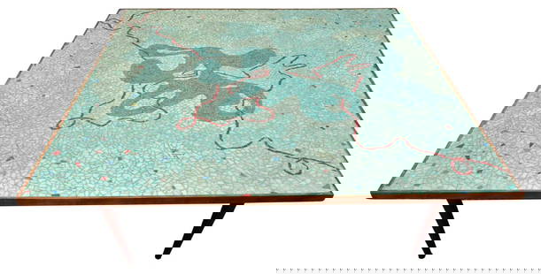 In The Style Of Evelyn Ackerman Mid-Century Modern Abstract Mosaic Tile Top Cocktail Table: Incredible mosaic tile top cocktail table with an abstract modernist design formed of inlaid glass tiles on a wooden base supported by tapered legs. A distinct piece that would compliment a variety of