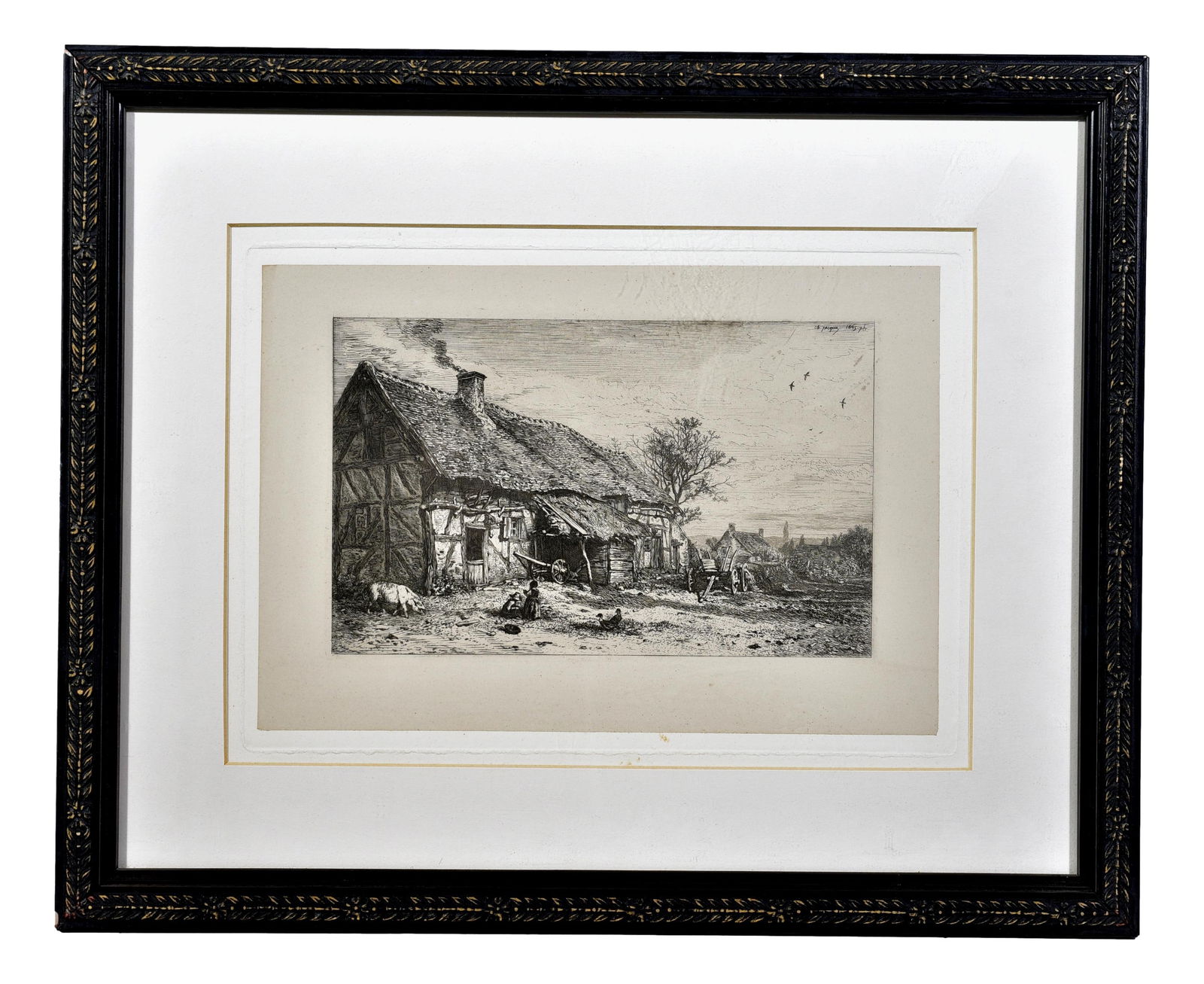 Charles Emile Jacque Etching Titled “Landscape - Cottages of Farmers” (1 of 5)