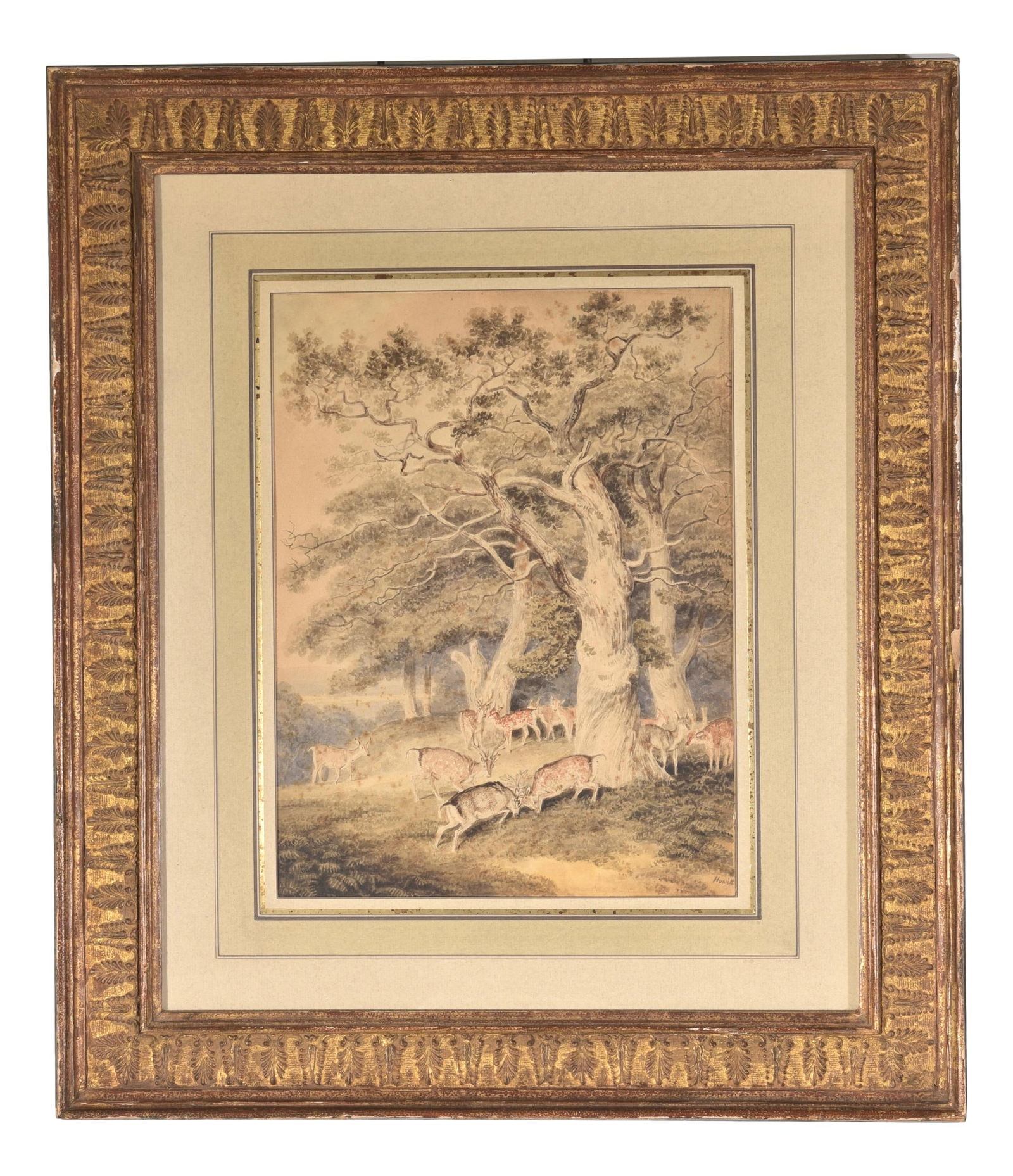 Samuel Howitt (1765-1822) Signed Watercolor Titled "Woodland With Stags Fighting" (1 of 12)