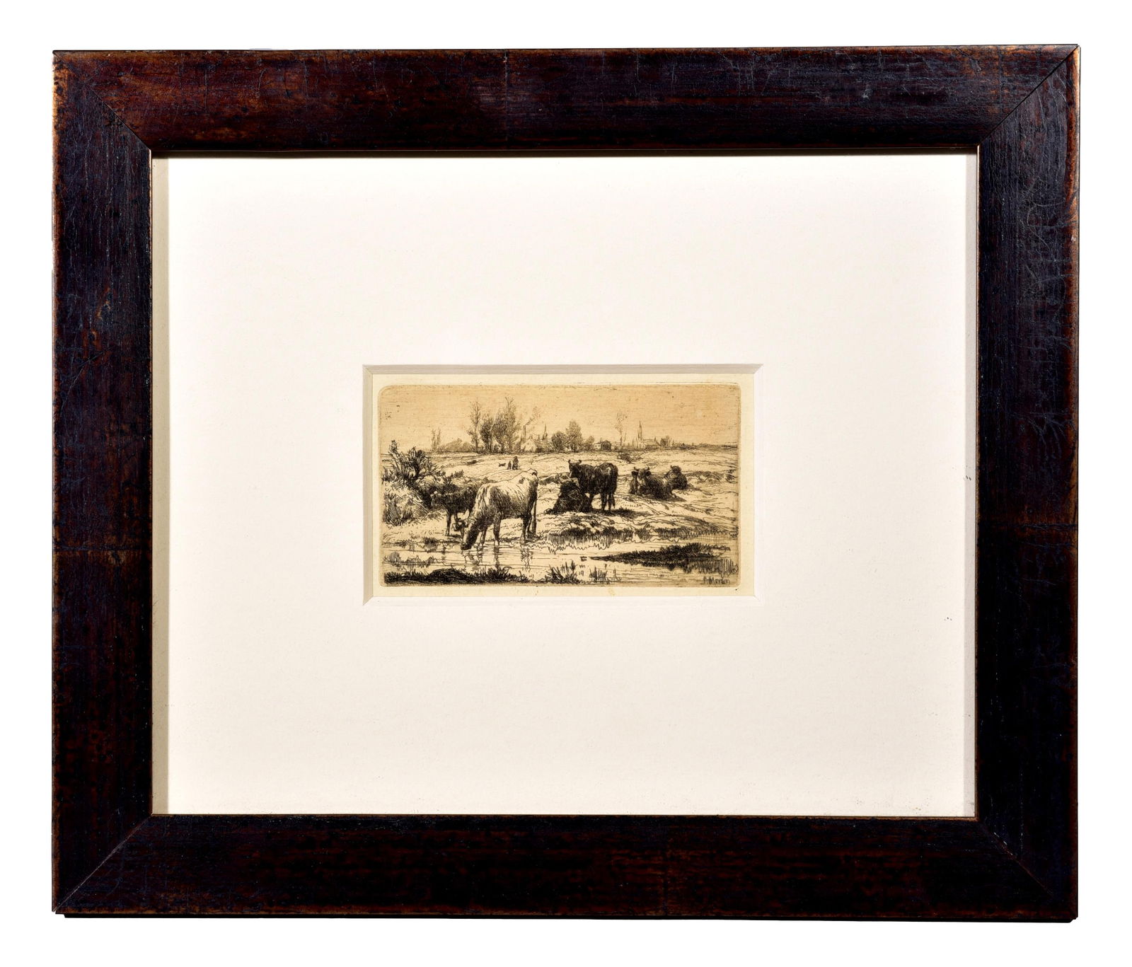 Peter Moran (American, 1841-1914) Etching Depicting Grazing Cows: Dimensions: - Framed: 12 1/2”H x 10 1/2”W - Sight: 3”H x 4 3/4”W Town Auction House & Gallery also offers local delivery to Manhattan, Connecticut and Westchester for most item