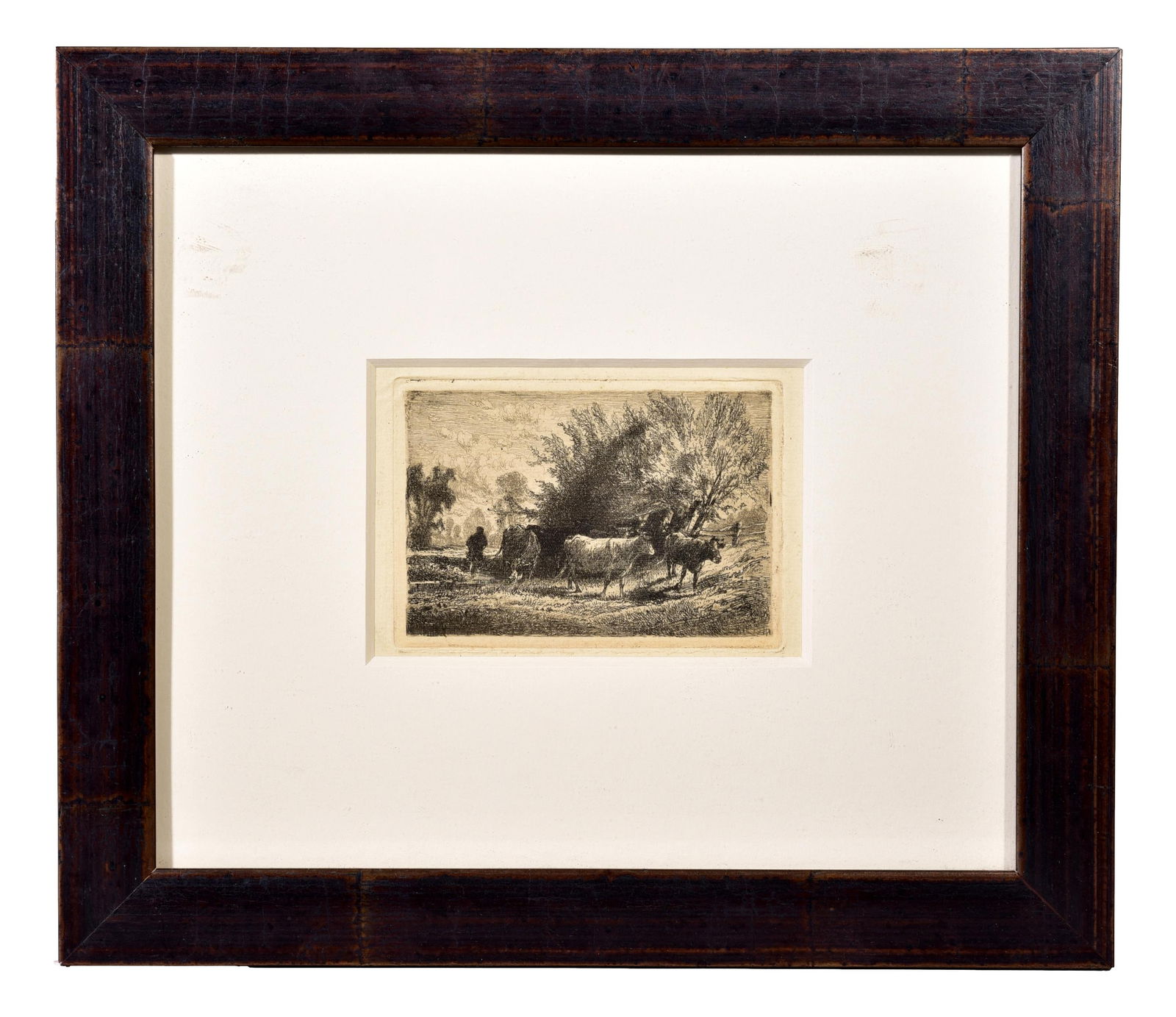 Peter Moran (American, 1841-1914) Etching Titled “Herding Cows”: Dimensions: - Framed: 11 1/2”H x 13 1/4”W - Sight: 3 3/4”H x 5 1/2”W Town Auction House & Gallery also offers local delivery to Manhattan, Connecticut and Westchester for most