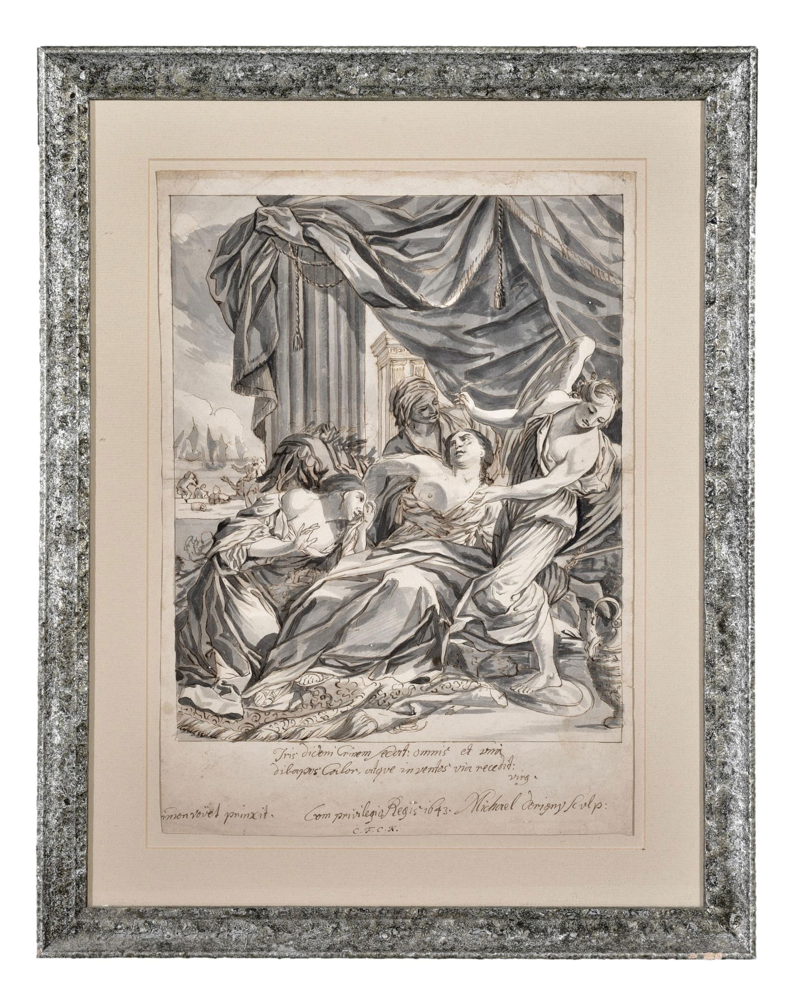 Michel Dorigny “The Death of Dido” by Simon Vouet, 1643: Dimensions: - Framed: 20”H x 15 3/4”W - Sight: 14 3/4”H x 10 1/4”W Illustrates the tragic suicide of Queen Dido from Virgil’s Aeneid. The text at the bottom reads: “This cr