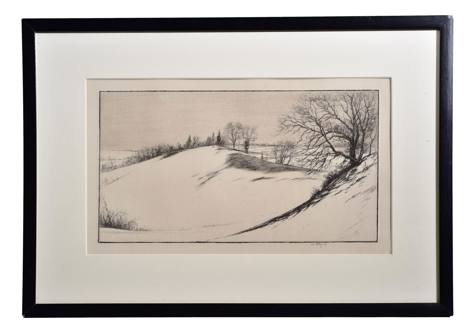 Harold Kerr Eby (1889-1946) Signed Original Etching Titled "Whale's Back": Depicts a winter scene near Westport, Connecticut where the artist lived. Pencil signed with the imp after his name, indicating the artist printed the proof himself. Dimensions: - Framed: 12 3/4&rdquo