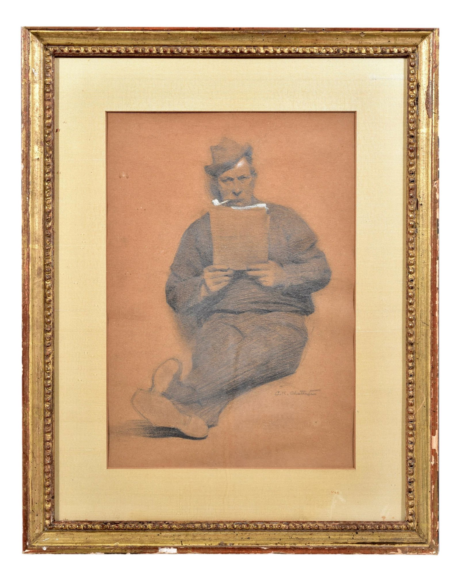 C.K. Chatierton (b. 1880) Signed Pencil Drawing Depicting a Sitting Man: Dimensions: - Framed: 17”H x 13 3/8”W - Sight: 11 1/2”H x 8”W Town Auction House & Gallery also offers local delivery to Manhattan, Connecticut and Westchester for most items e