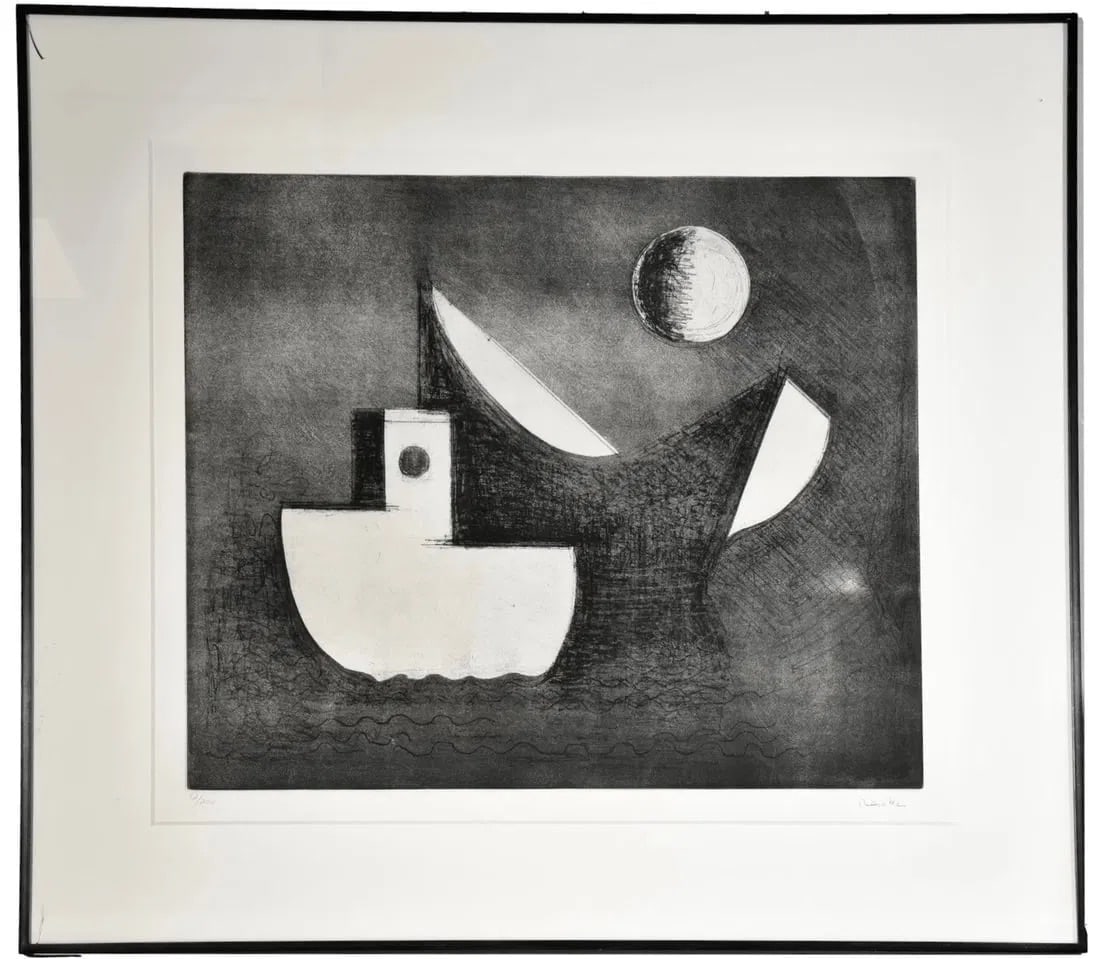 Paul Resika (b. 1928) Still Boats And Moon Signed Soft Ground Etching (1 of 10)