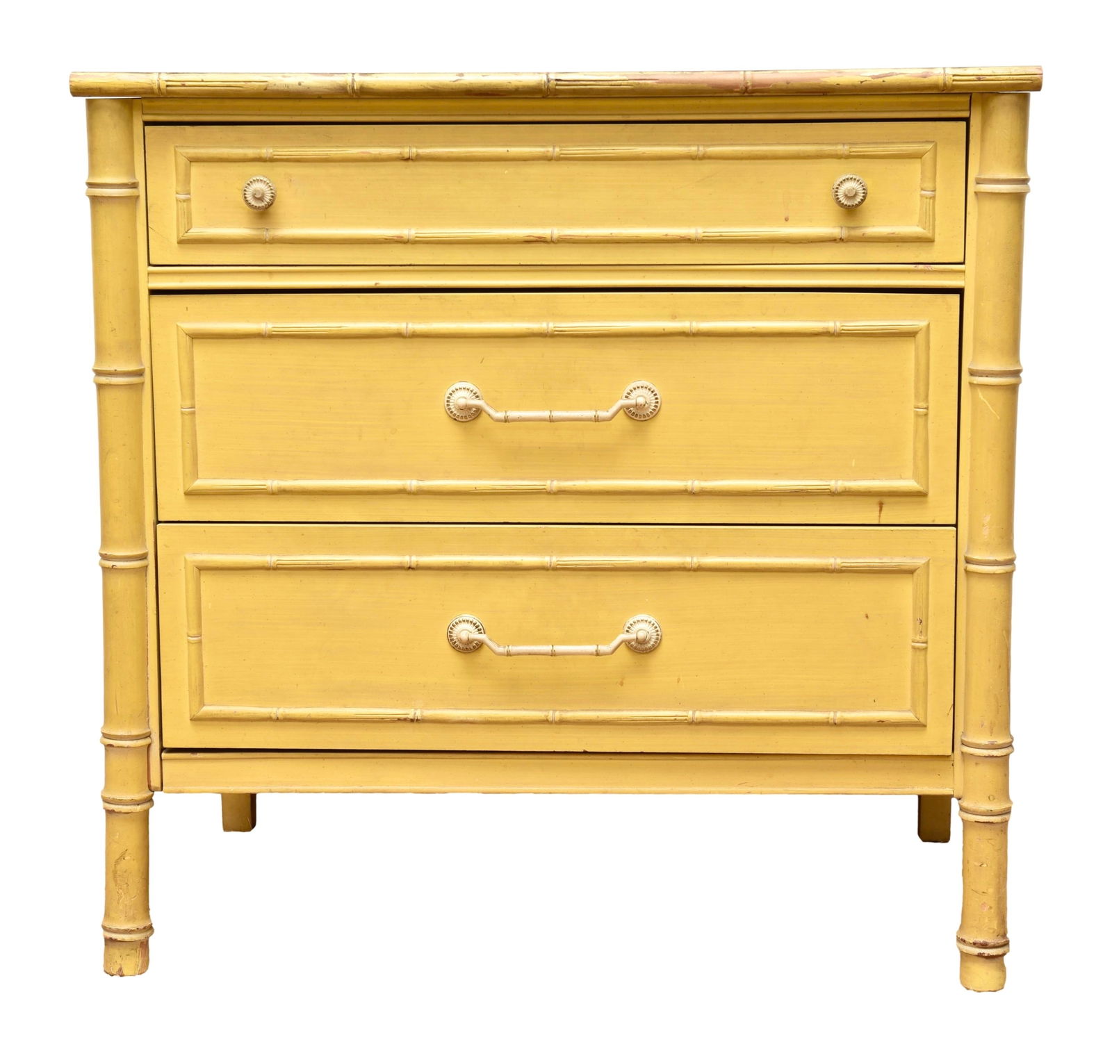 Mid Century Modern Faux Bamboo Thomasville Allegro Three Drawer Bachelor Chest: Nightstand has a formica top. Dimensions: 30 1/4"W x 19"D x 30"H