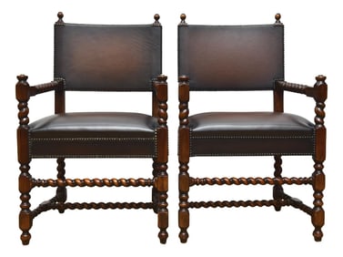 Pair of Theodore Alexander Barley Twist Leather Open Arm Chairs
