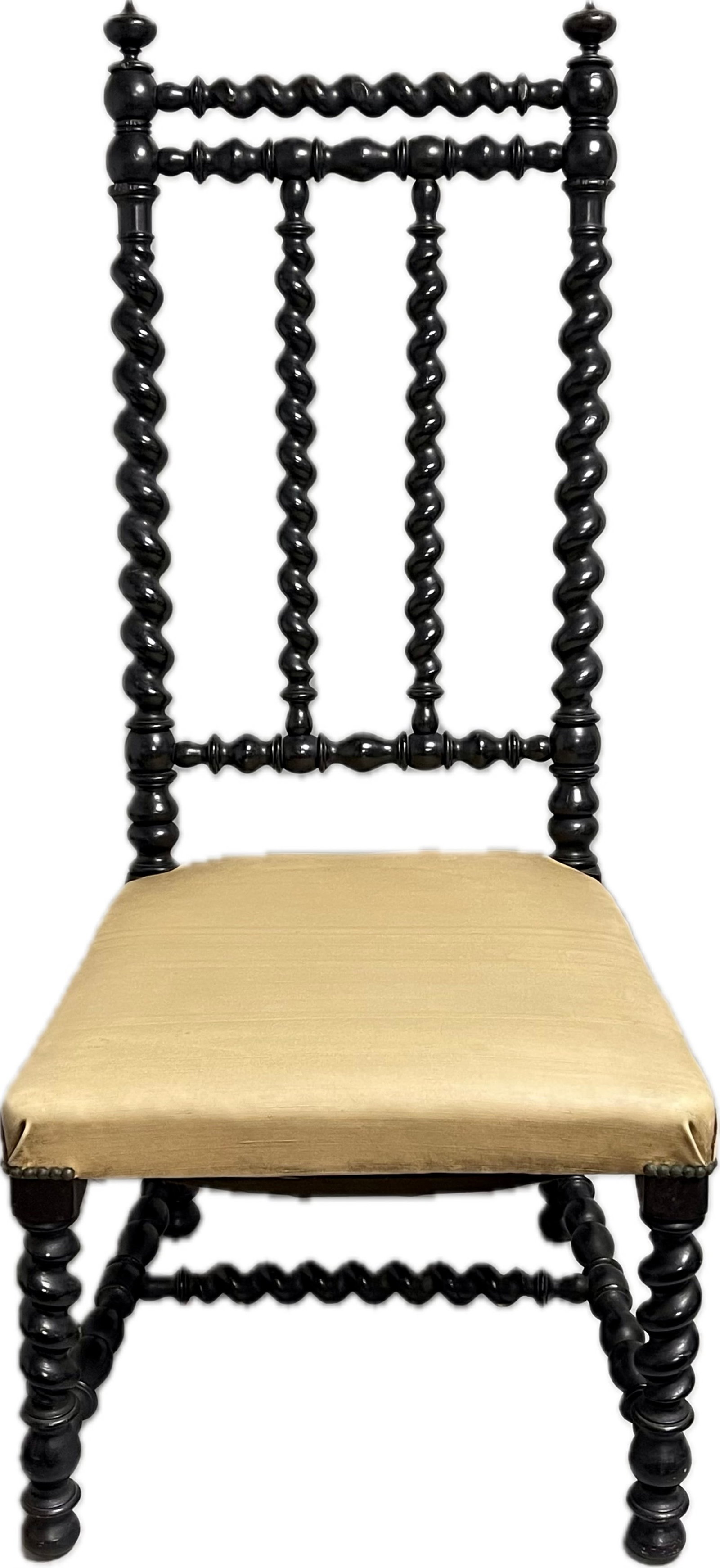 French Ebonized Barley Twist Side Chair, 19th Century: Dimensions: 17"W x 17"D x 38"H - Floor to seat: 13 1/2"H Town Auction House & Gallery offers local delivery to Manhattan, Connecticut and Westchester for most items excluding large furniture. For a pr
