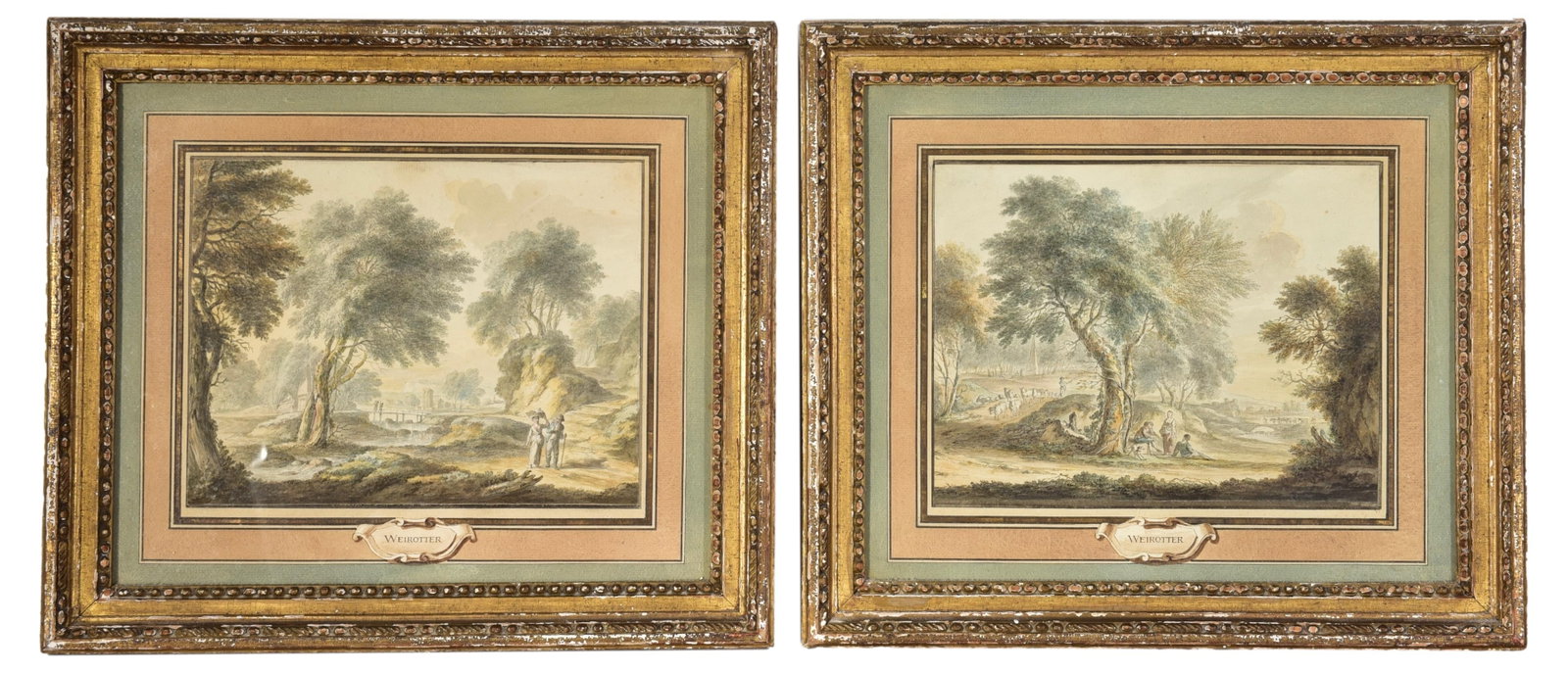 Pair of Franz Edmund Weirotter (Austrian, 1733-1771) Framed Watercolor Paintings: Dimensions: - Framed: 13"H x 15"W - Sight: 7 1/4"H x 9 1/4"W Town Auction House & Gallery also offers local delivery to Manhattan, Connecticut and Westchester for most items excluding large furniture.