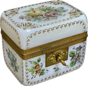 19th C. French Opaline Glass With Hand Painted Floral Decoration Gilt Bronze Hinged Box