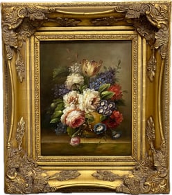 Signed Still Life Floral Oil Painting On Canvas