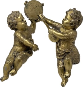 Pair Of 19th Century French Brass Putti Figures Playing Musical Instruments