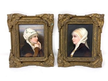 Porcelain Hand Painted Portrait Plaques After Friedrich August von Kaulbach