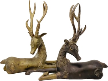 Pair Of Sarreid Style Brass Sculptures Of Reclining Stags