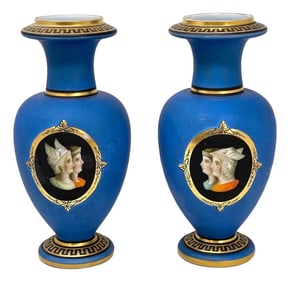 Neoclassical 19th Century Porcelain Cameo Vases With Greek Key Detailing
