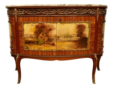 Antique French Vernis Martin Style Painted Marble Top Commode