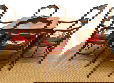 Louis IV Style Walnut Game/Card Table and Four Rush Seat Chairs With Needlepoint Cushions