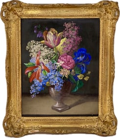 Oil On Panel Still Life Of Flowers With A Butterfly And Insect