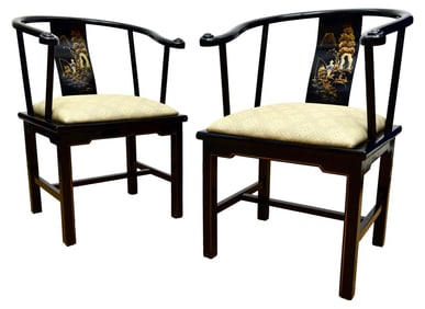 Pair of Chinese Black Lacquer Horseshoe Back Arm Chairs
