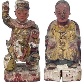 Pair Of Qing Dynasty Chinese Carved Polychrome Painted Wood Figures