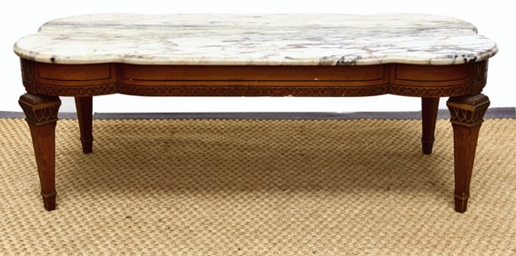 Louis XV Italian Marble Top Walnut Cocktail Table