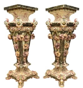 French Impressionist Majolica Pedestal Stands, A Pair