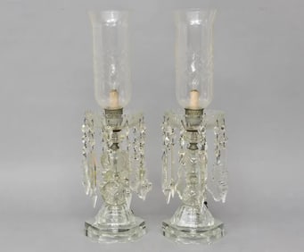 Pair of Baccarat Style Etched Hurricane Lamps With Crystal Prisms