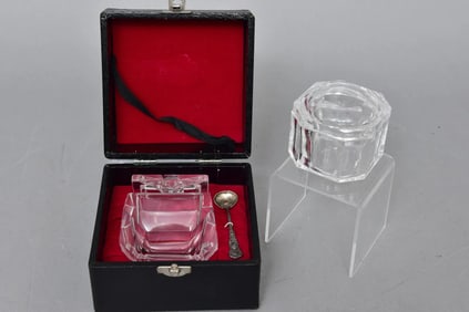 Tiffany & Co. Signed Crystal Glass Lidded Jar and Boxed Crystal Mustard Jar with Sterling Spoon