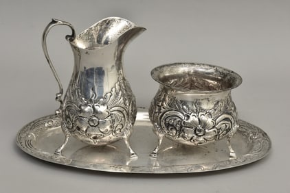 Sterling Silver Repoussé Sugar Bowl, Creamer and Tray