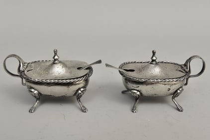 Pair Of 800 Silver Salt Cellars With Glass Inserts And Spoons