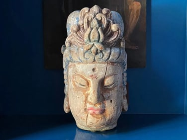 Buddhist Carved and Painted Wood Guanyin Bodhisattva Head