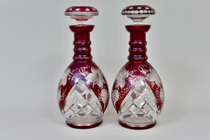 Pair of Cranberry Cut to Clear Etched Glass Decanters
