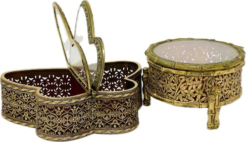 Vintage Brass Filigree And Glass Jewelry Trinket Boxes