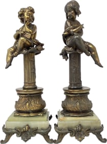 Pair Of Spelter Statuettes On Onyx Bases, “The Carefree And The Dreamer” by Auguste Moreau