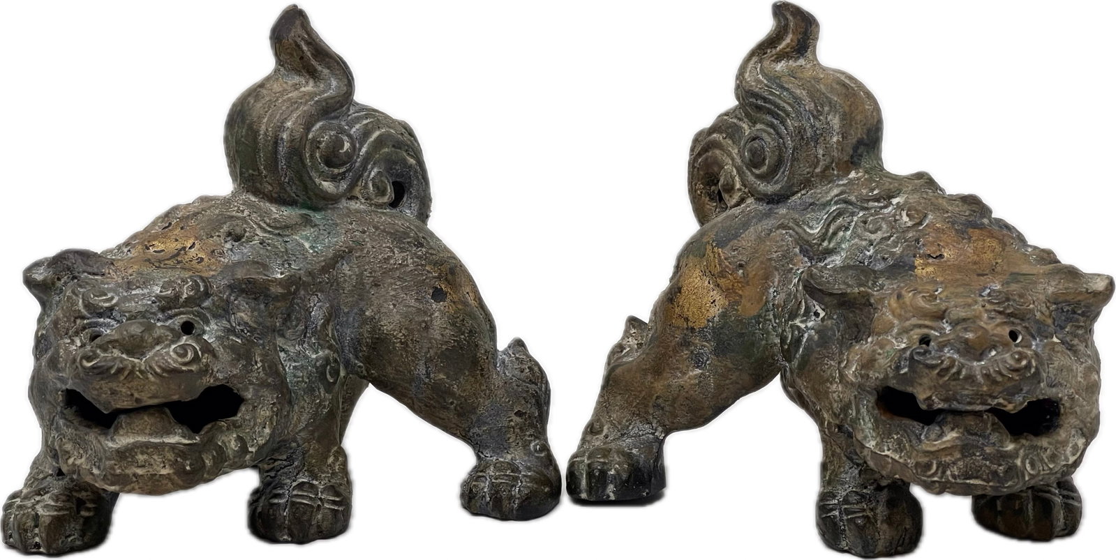 Pair Of Chinese Iron Foo Dogs: Dimensions: 6 1/2”W x 5”D x 6 1/2”H Town Auction House & Gallery offers local delivery to Manhattan, Connecticut and Westchester for most items excluding large furniture. For a price
