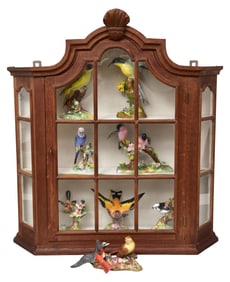 Wood Curio Wall Cabinet and Collection of Bird Figurines