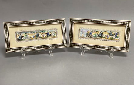 Pair Of Miniature Figural Paintings On Bone In Khatam Inlay Frames