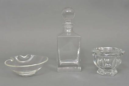 Tiffany Crystal Decanter, Steuben Nut Dish and Baccarat Harcourt Mustard Jar