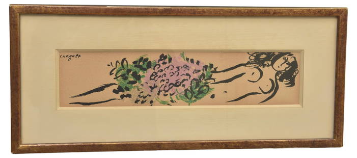Signed Marc Chagall Original Lithograph Titled “La Petite Nue": Marc Chagall (French, 1887-1985), La Petite Nue from Les Fables De La Fontaine, lithograph printed in colors on paper. Dimensions: - Framed: 8 1/2”W X 19 3/8”H - Sight: 3 3/8”W X 14&