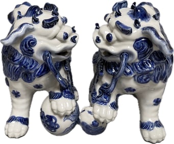 Pair Of Blue And White Porcelain Foo Dogs