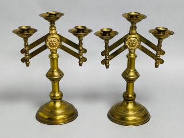 Pair Of Adjustable 3 Light Altar Brass Candelabras