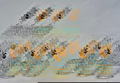 Set of 12 Turquoise and Gilt Hi-Ball Glasses Circa 1960's