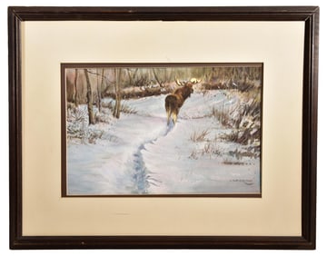 S. Scott Zuckermann (b. 1951) Watercolor Painting Depicting a Moose in a Snowy Landscape