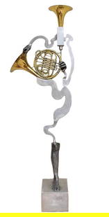 Stanley E. Marcus (American, 1926-2017) Signed Sculpture Titled "Piping Hot Jazz": Created from welded and cast aluminum by Stanley Edward Marcus, a prominent and much admired Berkshire artist. Sculpture signed and dated 1984 on base. Dimensions: 28"W x 15"D x 85 1/2"H Town Auction