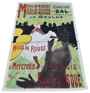 Henri D. Toulouse-Lautrec Moulin Rouge 6' Lithograph Poster: Lithograph printed in colors on three sheets of wove paper, printed by Affiches Américaines, Ch. Levy. Dimensions: 73 3/4"H x 45 1/4"W Town Auction House & Gallery also offers local delivery to Manha